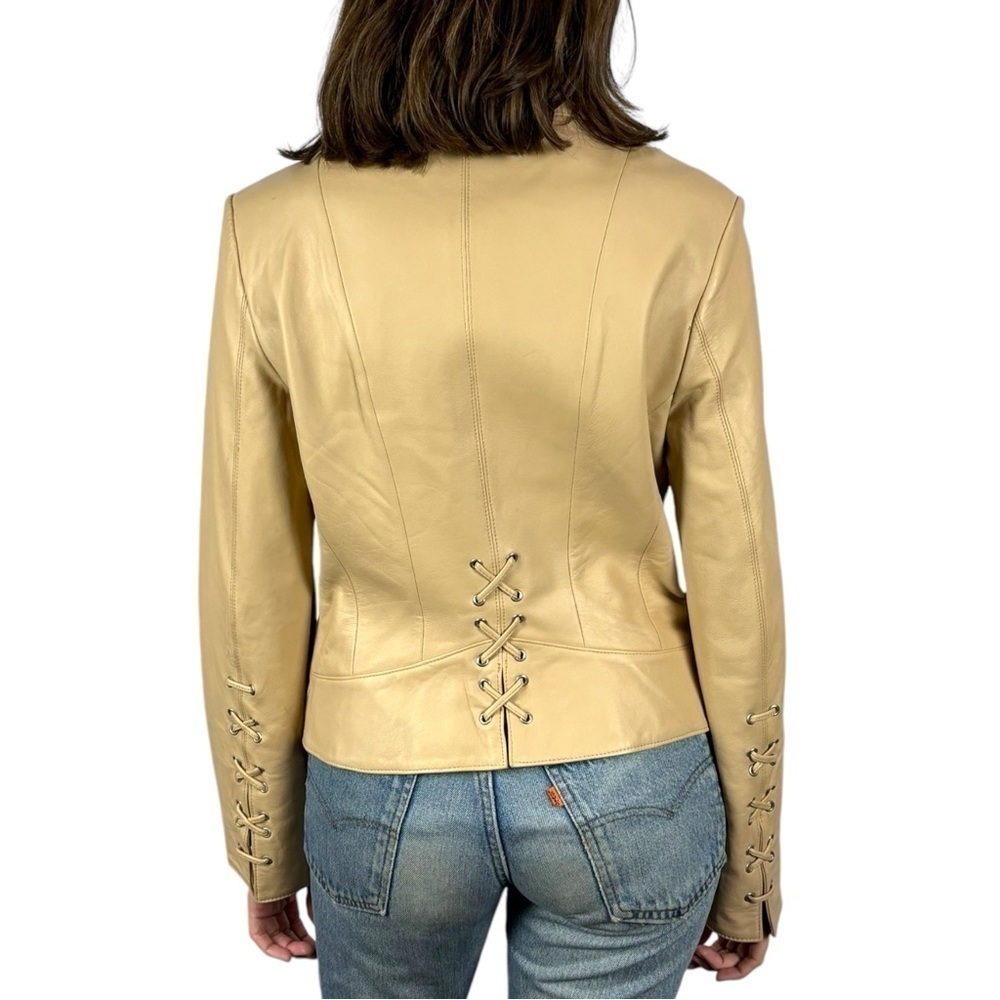 VINTAGE Y2K VID COLLECTION LEATHER LACE UP CORSET STYLE CREAM ZIP UP JACKET